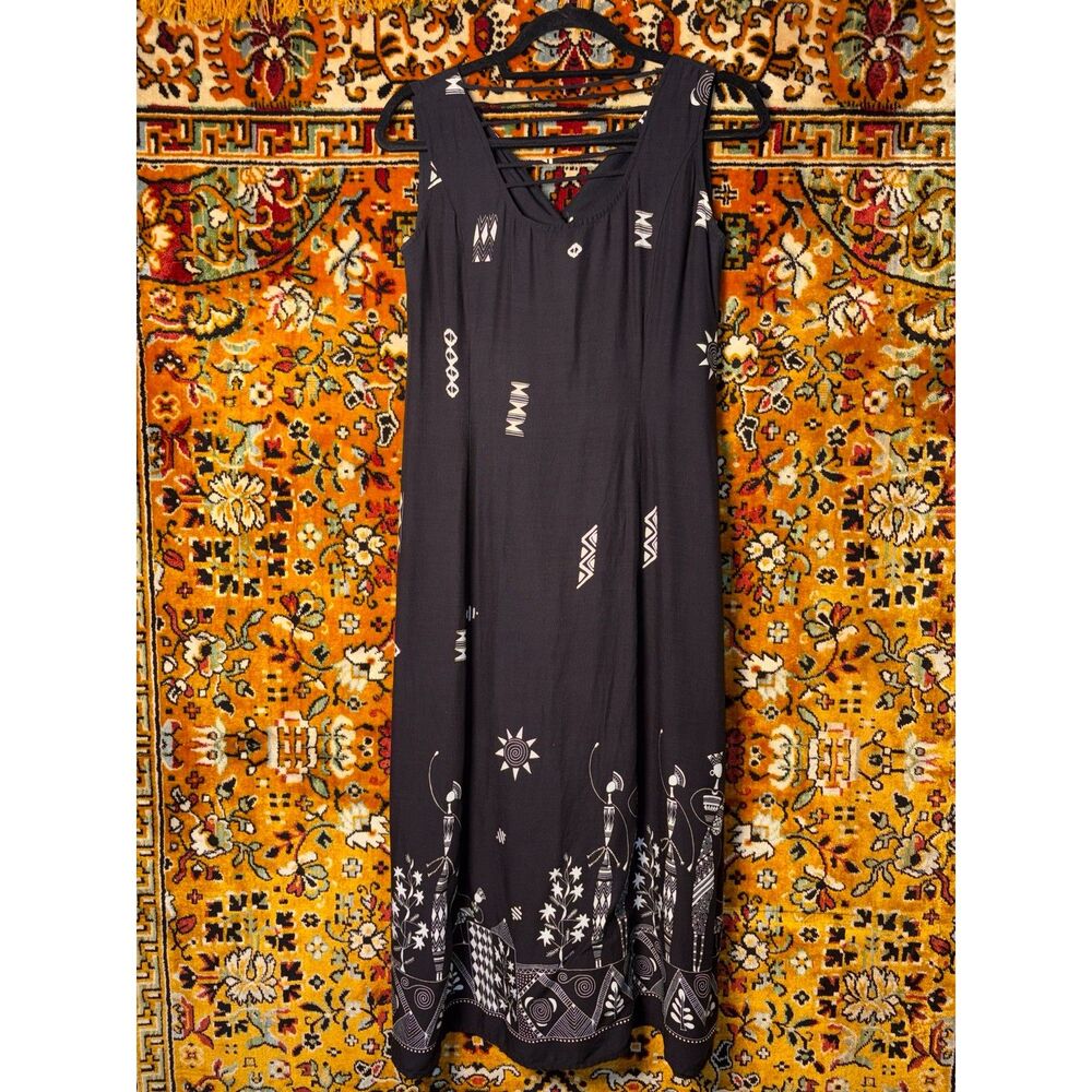 VTG Black White Folk Art Print Button Front Midi Dress w/Strappy Back sz 8 - Picture 7 of 10